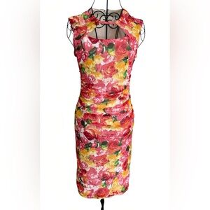 Cache Women’s Size 4 Floral Ruched Sheath Dress Sleeveless Keyhole Neck Cocktail
